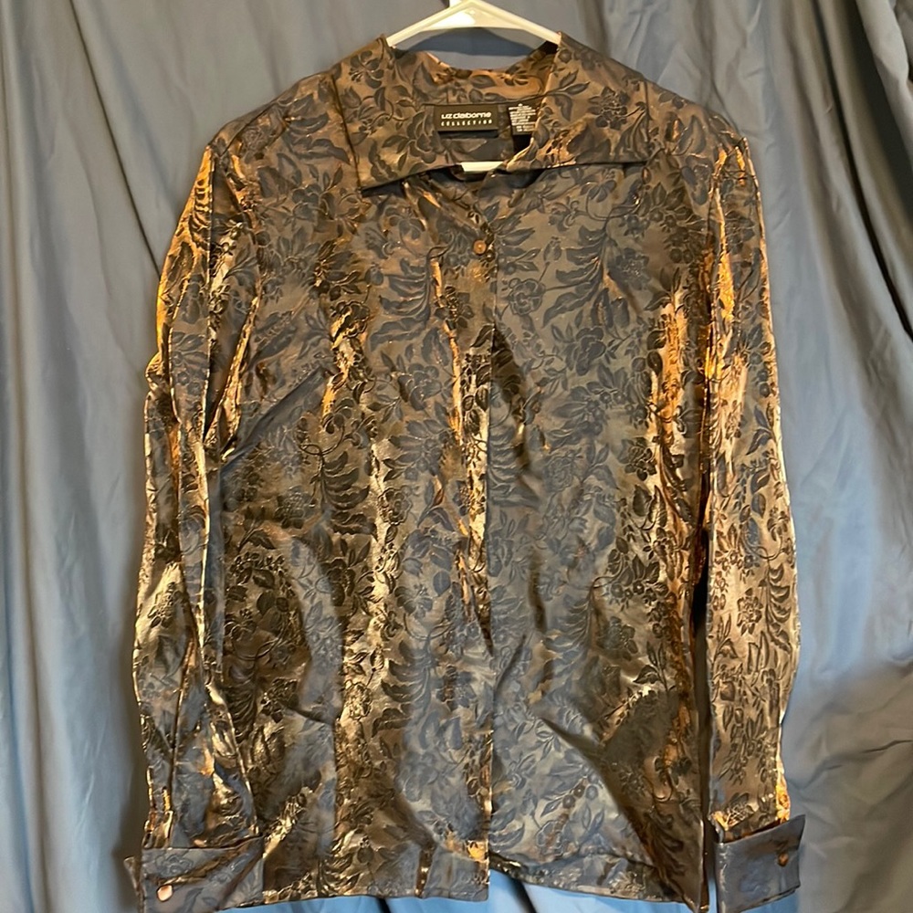 VINTAGE 1970s LIZ CLAIBORNE SHIMMERY SHEER GOLDEN FLORAL BUTTON DOWN